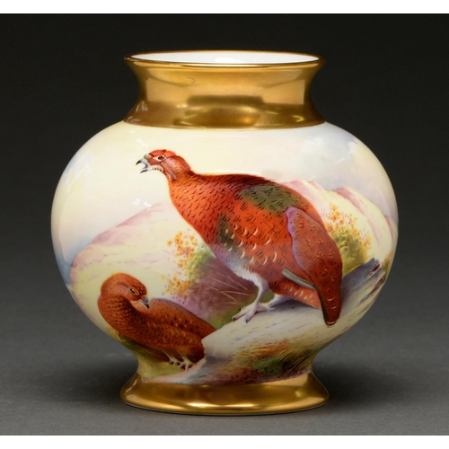 649 - A Caverswall ovoid vase, late 20th c, painted by L Woodhouse, signed, with red grouse, 11.5cm h, pri... 