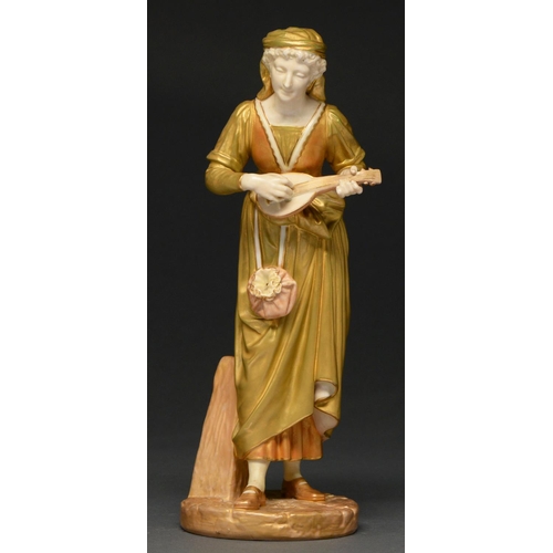 654 - A Royal Worcester figure of a musician, 1917, designed by James Hadley, 30cm h, printed marks... 