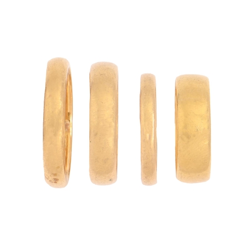 66 - Four 22ct gold wedding rings, 21.3g, size J, O, P