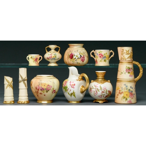 666 - Two Royal Worcester jugs, six pot pourri, spill and other vases and two miniature loving cups, late ... 