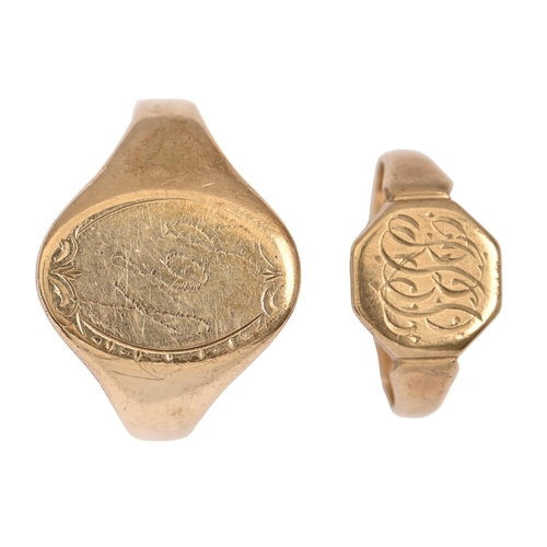 67 - Two 9ct gold signet rings, Birmingham 1928 or marks rubbed, 11g, size N and 1