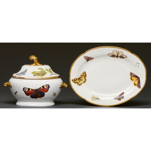 670 - A Coalport sauce tureen, cover and stand, probably outside-decorated, c1805, painted with butterflie... 