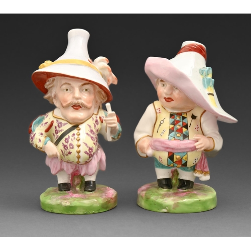 684 - A pair of Derby figures of Mansion House Dwarves, c1879,  in lavender hat and yellow waistcoat ... 