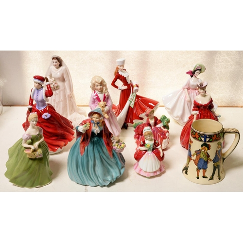 698 - Ten Royal Doulton and Royal Worcester bone china figures of young women, including HM Queen Elizabet... 