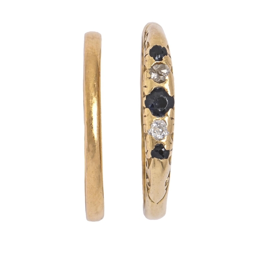 7 - A gold wedding ring, marks rubbed and a sapphire and diamond ring, in 18ct gold, Convention marked, ... 