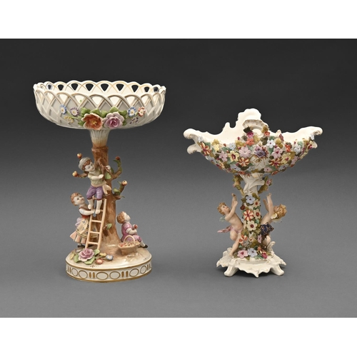 715 - A Samson floral encrusted centrepiece, c1900, the pedestal set with two cherubs, the bowl painted wi... 