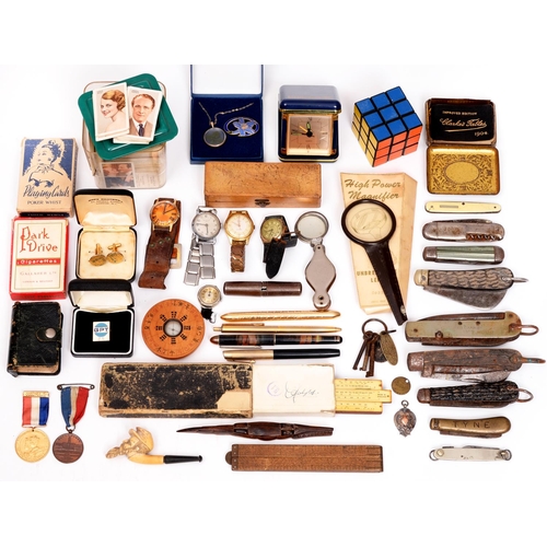 768 - Miscellaneous fountain and other pens, wristwatches, a slide rule, silver watch fob shield, Japanese... 