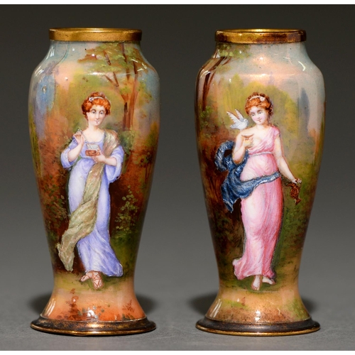 772 - A pair of French miniature giltmetal and enamel vases, second half 20th c, painted with a young woma... 