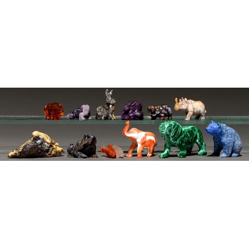 775 - Twelve miniature carved models of animals, including malachite, sodalite and agate examples, late 20... 