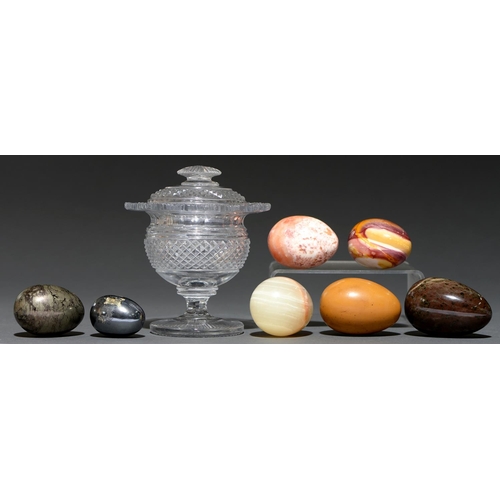 778 - Seven serpentine and other mineral eggs, 20th c, various sizes and an early 19th c cut glass sugar b... 