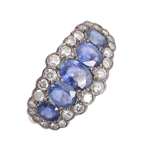 78 - A five stone sapphire and diamond cluster ring, in gold, 3.6g, size J½