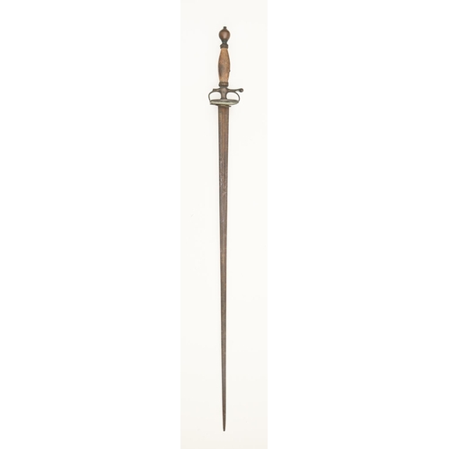 794 - A small sword, c1800, the double edged blade with single fuller, brass hilt with wood grip, blade 54... 