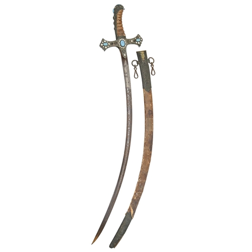 795 - An Ottoman sabre and scabbard, 19th c, the cast brass hilt with white and turquoise pastes, conformi... 