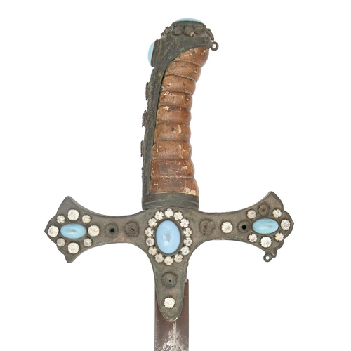 795 - An Ottoman sabre and scabbard, 19th c, the cast brass hilt with white and turquoise pastes, conformi... 