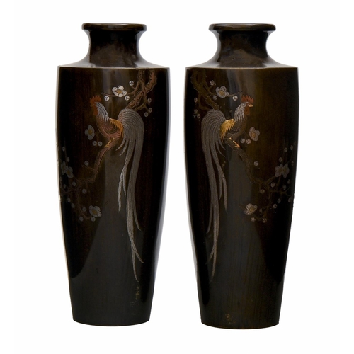 797 - A pair of Japanese 'mixed metals' bronze vases, Meiji period, early 20th c, decorated in alloys of g... 