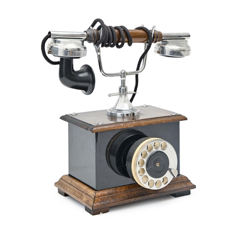 806 - A varnished wood and chromium plated metal table telephone,  30cm h