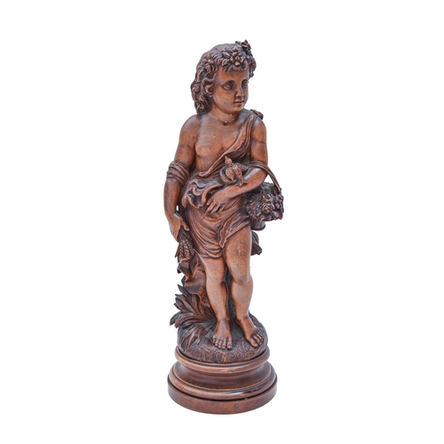 814 - A boxwood statuette of a child with a bird's nest, 19th / 20th c, on turned socle, 35cm h... 