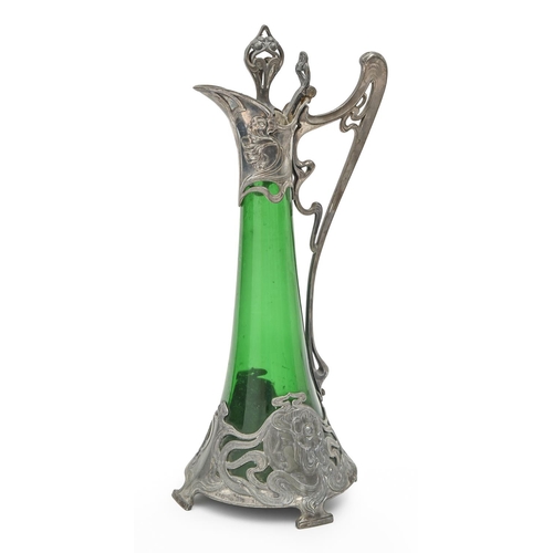 817 - A WMF Jugendstil pewter mounted green glass claret jug, c1900, 42cm h, maker's marks... 