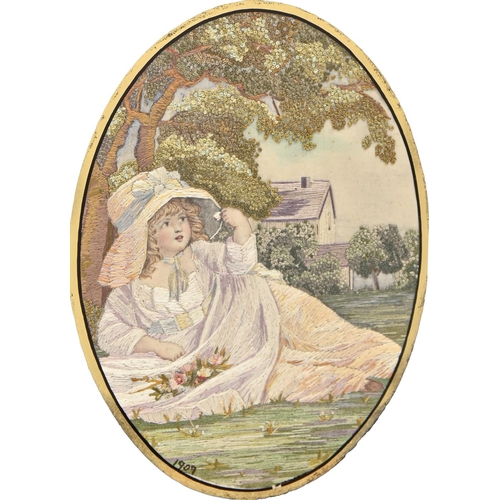 821 - An Edwardian embroidered and painted silk picture of 