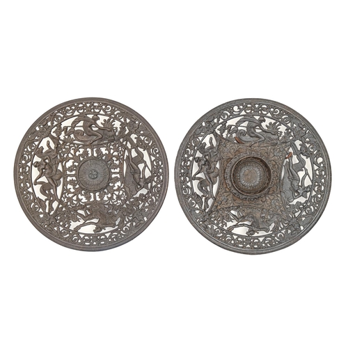 832 - Two Victorian ornamental cast iron dishes attributed to Coalbrookdale Company, 20.5 and 21.5cm diam... 