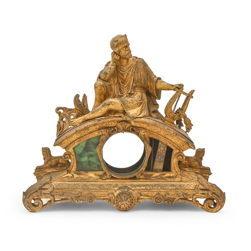 833 - A French malachite-inset spelter gilt clock case, late 19th c, 36cm h