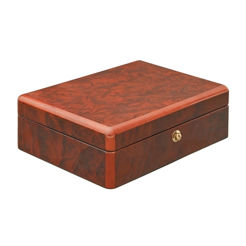 839 - A modern lacquered burr wood humidor, 22cm l
