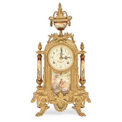 843 - A decorative cast brass mantel clock, late 20th c, in Louis XV style, with painted earthenware urn, ... 