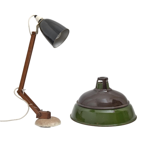 845 - A painted metal and unpainted wood adjustable desk lamp with black metal shade, c1970 and two indust... 