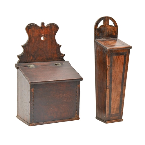 849 - Two oak and fruitwood candle boxes, 19th c, 38cm and circa