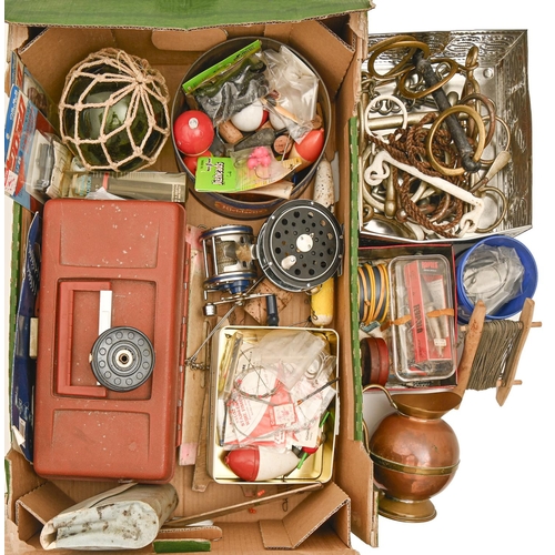 855 - Miscellaneous nickel plated and other horse bits, fishing reels, copper and brass jug, etc... 