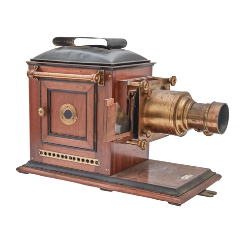 865 - A Victorian mahogany, brass and black japanned magic lantern, Perken, Son & Rayment London, 48cm... 