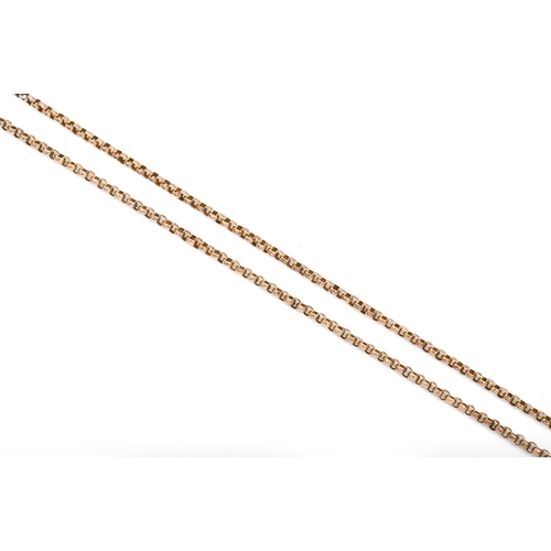 89 - A gold muff chain, c1900, 142cm l, marked 9ct, 25.7g