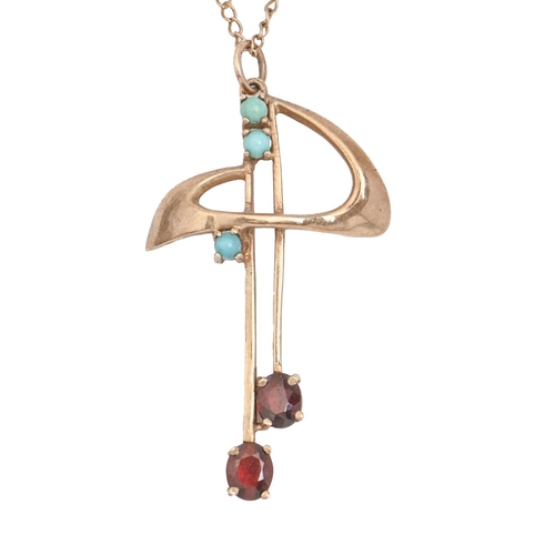 90 - A turquoise and garnet pendant, in Art Nouveau style, in 9ct gold, 37cm, Birmingham 1979, gold neckl... 