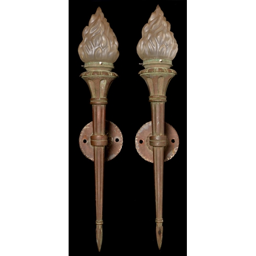 908 - A pair of Art Deco phosphor bronze wall lights and glass flambeaux shades of torch form, c1930, 75cm... 