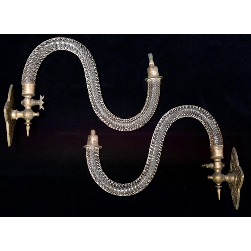 909 - A pair of Victorian brass mounted swan neck glass gas wall lights, 29cm projection