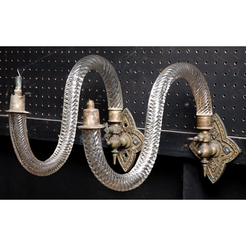 909 - A pair of Victorian brass mounted swan neck glass gas wall lights, 29cm projection