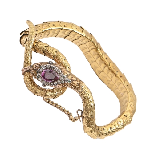 91 - A Victorian gold serpent bracelet, the head mounted with oval amethyst in diamond surround, 21cm l, ... 