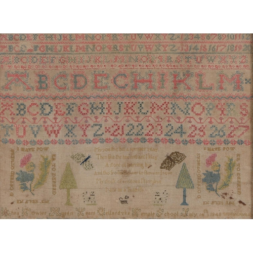 927 - A Scottish Victorian linen sampler, Rhea Fowler Aged 11 Years Cellardyke Female School July 14th 184... 