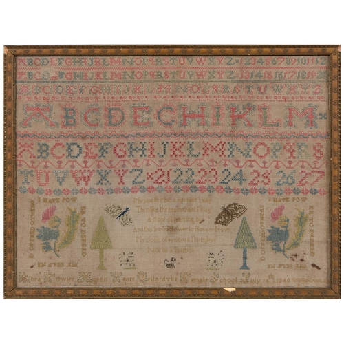 927 - A Scottish Victorian linen sampler, Rhea Fowler Aged 11 Years Cellardyke Female School July 14th 184... 