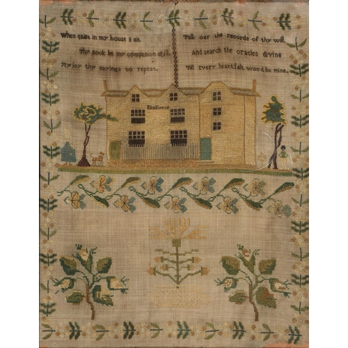 929 - An English linen sampler, c1820, worked with a named view of Elm House, an asymmetrical building of ... 