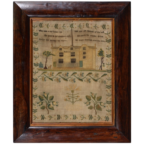 929 - An English linen sampler, c1820, worked with a named view of Elm House, an asymmetrical building of ... 