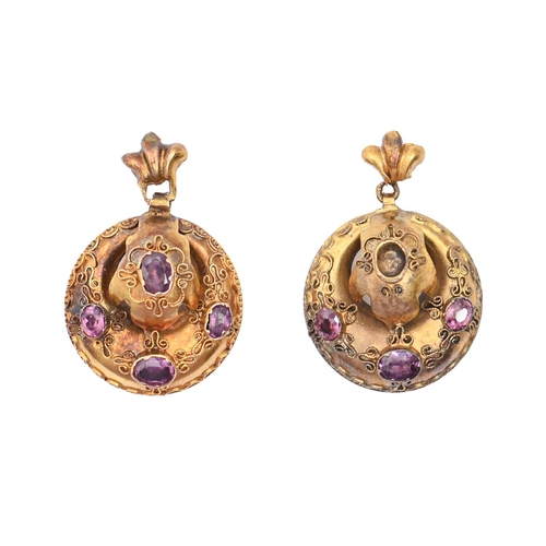 93 - A pair of Victorian foiled amethyst earrings, in gold with applied filigree, 29mm, 5.9g... 