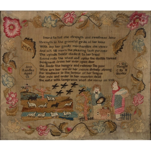 932 - A George IV linen sampler, Ann Rendles aged 14 1823 CIII taught by Huxley, worked in brightly colour... 