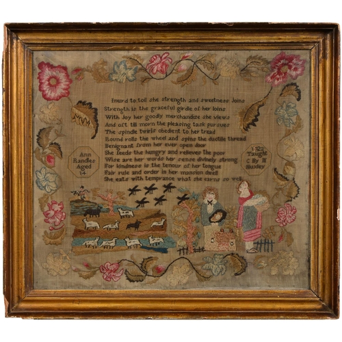 932 - A George IV linen sampler, Ann Rendles aged 14 1823 CIII taught by Huxley, worked in brightly colour... 