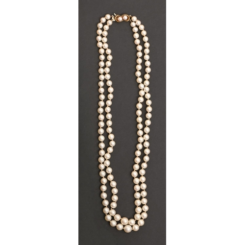 94 - A cultured pearl two row necklace, gold clasp, 49cm l, marked 9ct, 51.5g