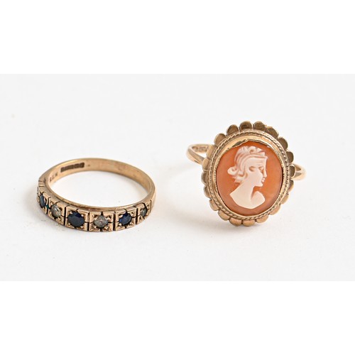 169 - A cameo ring, in 9ct gold and another gem set 9ct gold ring, 5.8g, size M, O (2)