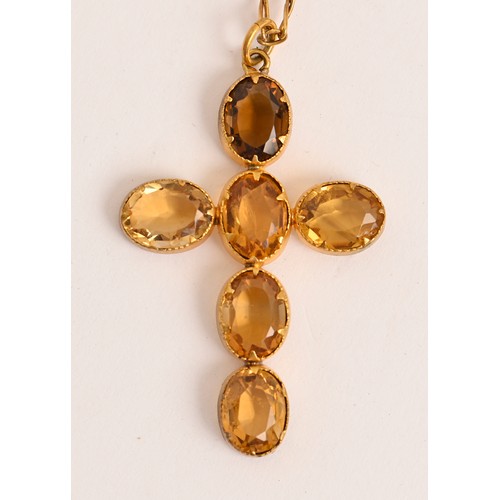 175 - A Victorian citrine cross, mounted in giltmetal, 46mm, on gold necklet marked 9ct, necklet 3.6g... 