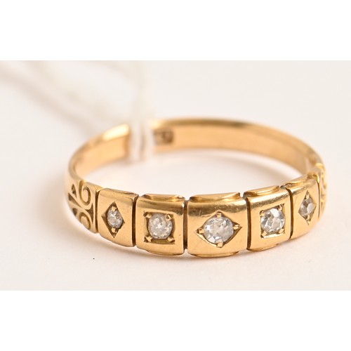 183 - A Victorian five stone diamond ring, the old cut diamonds gypsy set in gold, marked 18ct, 3.3g, size... 