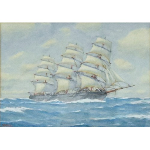 1082 - English Marine School, 20th c - A Clipper Ship on a Fine Day, signed R Hellan(?), watercolour and bo... 