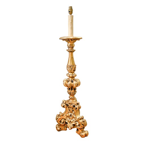 1410 - A gilt candlestick lamp, in 17th c style, 89cm h overall but excluding fitment